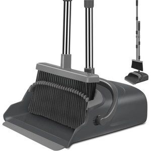 Broom and Dustpan Indoor&Outdoor Sweeping, Stand Up Broom (Black&Gray)